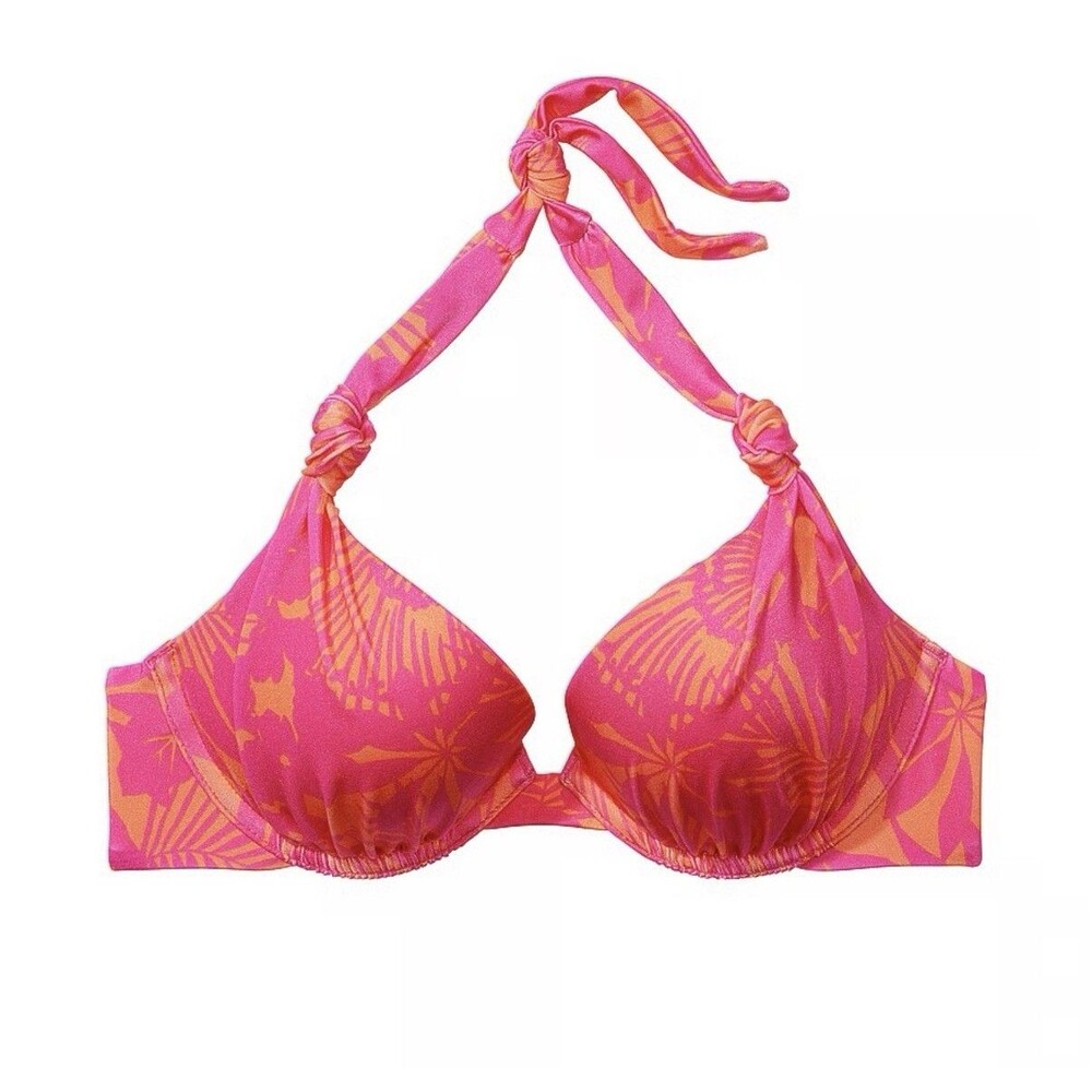 Victoria's Secret Knotted Sexy Tee Push-Up Bikini Top Sz 34DDD Pink Palm Print
